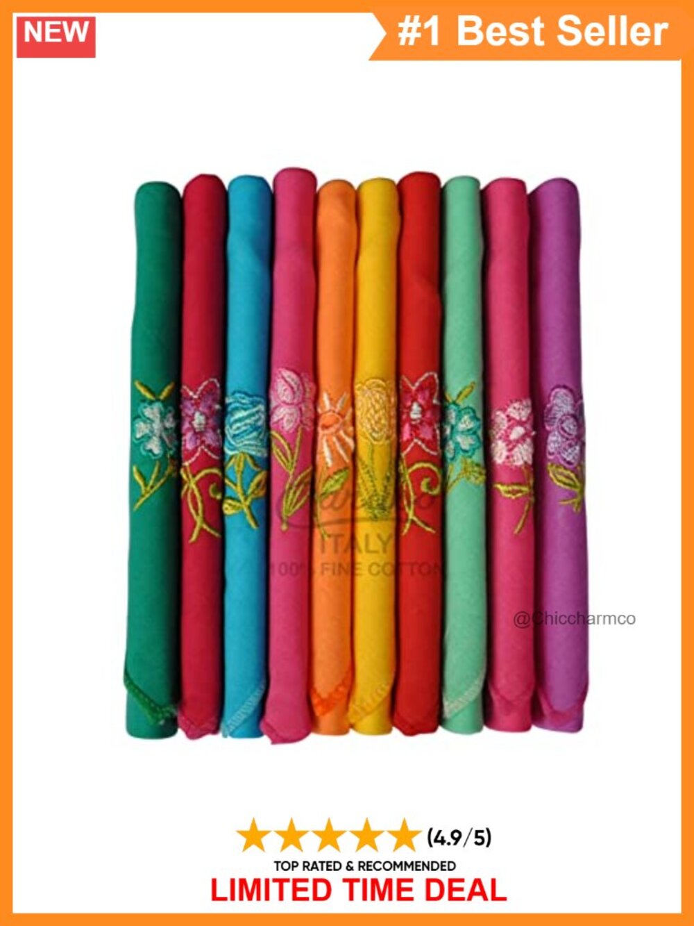 100% Cotton Embroidered Handkerchiefs 10 Pack Machine Washable 11x11